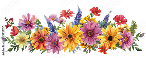 Vibrant Watercolor Bouquet of Flowers with a Transparent Background, Blooming in a Colorful Display of Nature's Beauty