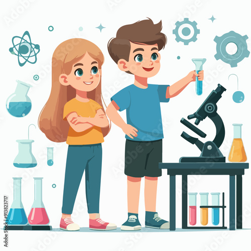 Science kids. Children in chemistry laboratory little boys and girls vector cute people. Laboratory science, laboratory education experiment illustration