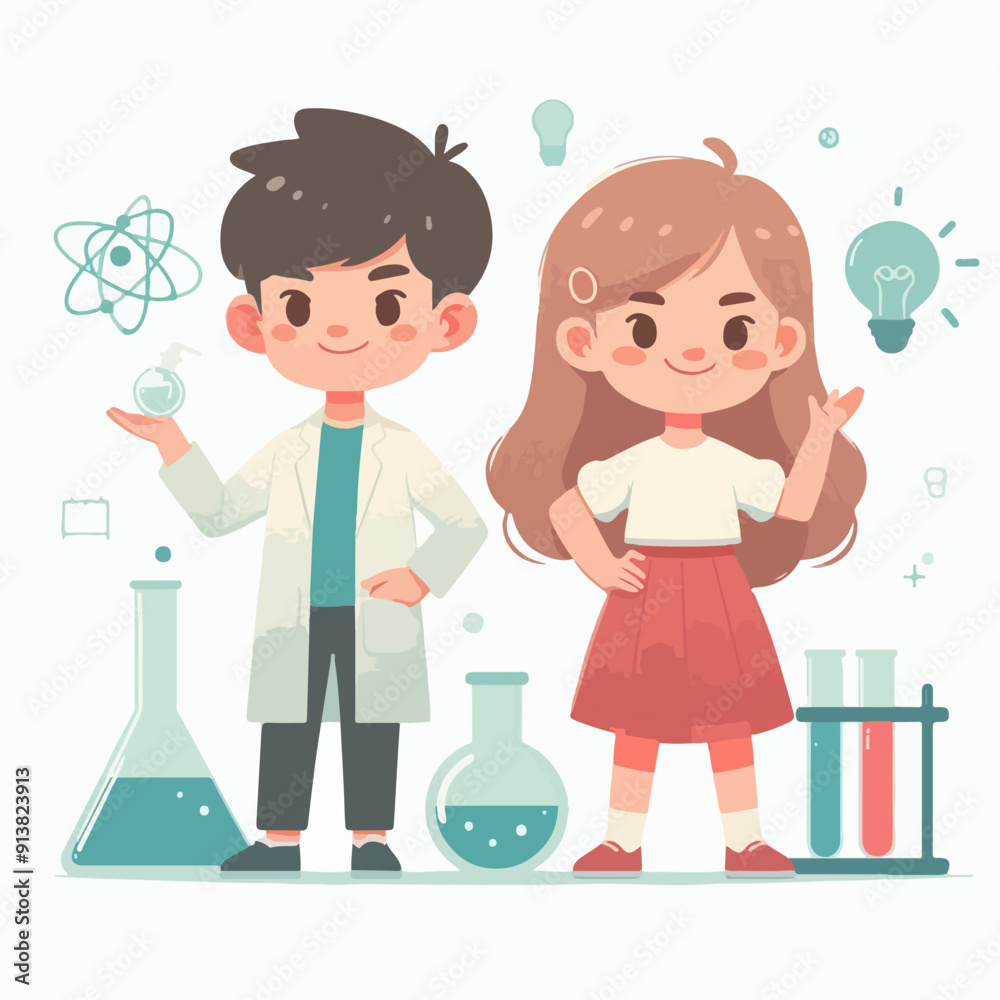 Science kids. Children in chemistry laboratory little boys and girls vector cute people. Laboratory science, laboratory education experiment illustration Science kids. Children in chemistry laboratory little boys and girls vector cute people. Laboratory science, laboratory education experiment illustration