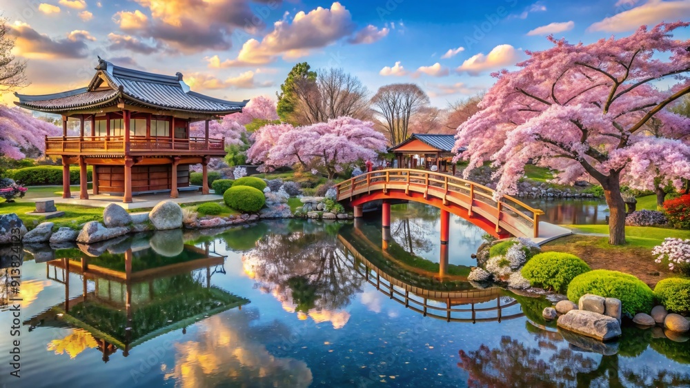 Fototapeta premium Spring in a Japanese garden featuring and pavilion surrounded by a serene.