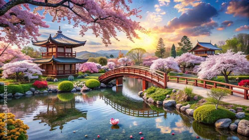 Obraz premium Spring in a Japanese garden featuring and pavilion surrounded by a serene.