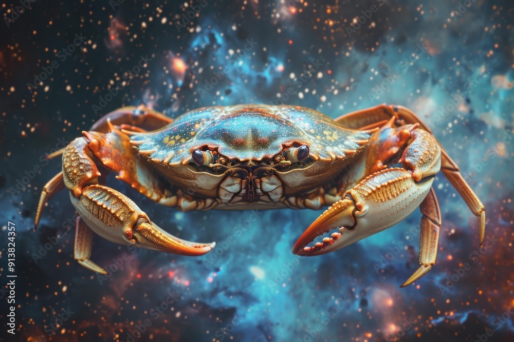Vibrant artistic depiction of a crab with a nebula pattern set against a cosmic background Vibrant artistic depiction of a crab with a nebula pattern set against a cosmic background