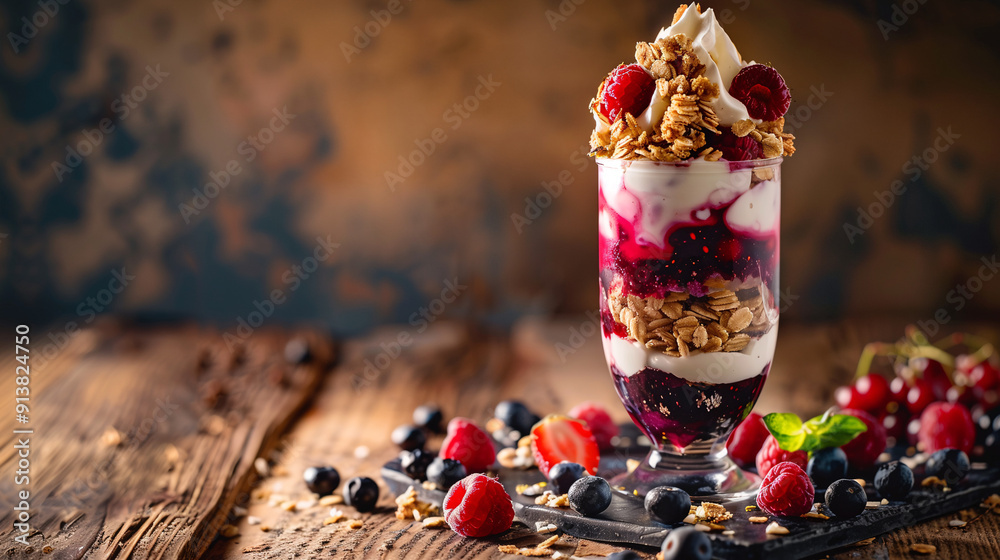 a mixed berry parfait, layered with Greek yogurt and granola, served in a tall glass, with fresh berries scattered around on a wooden table a mixed berry parfait, layered with Greek yogurt and granola, served in a tall glass, with fresh berries scattered around on a wooden table