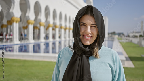 A smiling young adult woman wears a hijab in front of white intricate islamic architecture at a uae mosque. photo