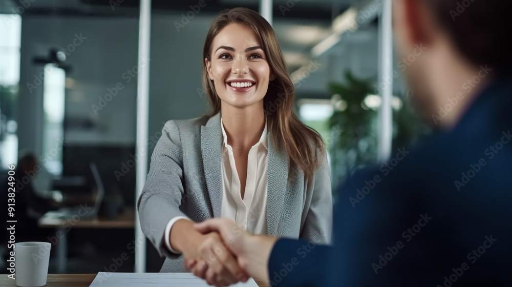 Obraz premium A professional woman in her late thirties, smiling and shaking hands with an employee at the table during a job interview in an office.