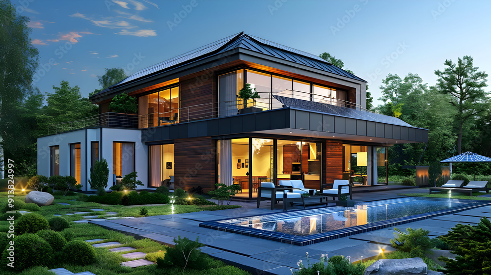 Modern House with Pool and Patio 3D Illustration Modern House with Pool and Patio 3D Illustration