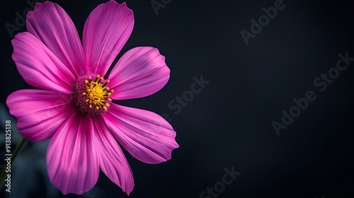  A pink flower with a yellow center against a black background The yellow center is distinctively situated at the flower's heart