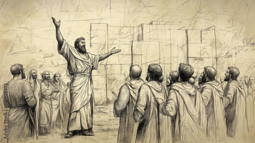Fototapeta premium Biblical Illustration of Joshua's Farewell Address: Joshua blessing the people, sending them to their inheritances with a prayer for God's continued guidance, Beige Background