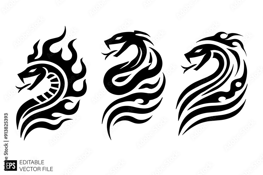 Set of snake head tribal tattoo graphic design vector templates Set of snake head tribal tattoo graphic design vector templates