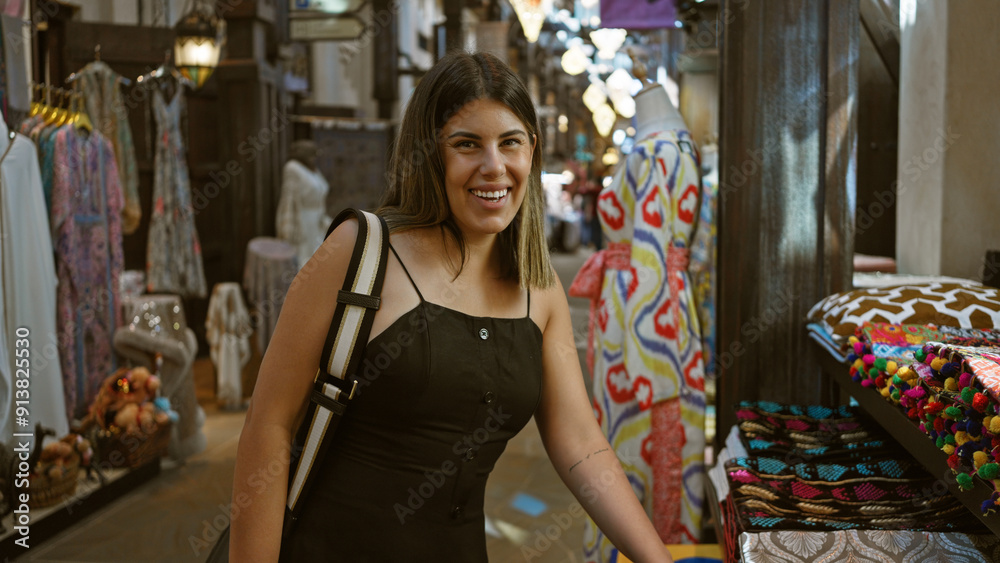 Obraz premium Smiling young woman exploring traditional souk in dubai, with colorful textiles and arabian decor