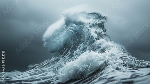  A large wave in the foreground, against an ocean backdrop in black and white