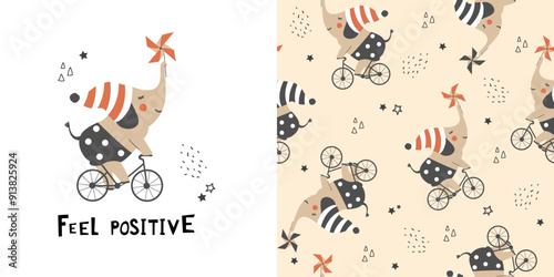 Сhildish pattern with little elephant on bike. Baby shower greeting card. Animal seamless background, cute vector texture for kids bedding, fabric, wallpaper, wrapping paper, textile, t-shirt print