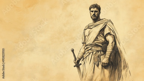 Biblical Illustration of Joshua's Commission: Joshua standing confidently with a sword, symbolizing his readiness to conquer the Promised Land, Beige Background