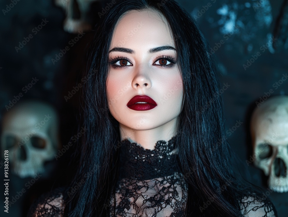 Mysterious woman with dark makeup and intense gaze Mysterious woman with dark makeup and intense gaze