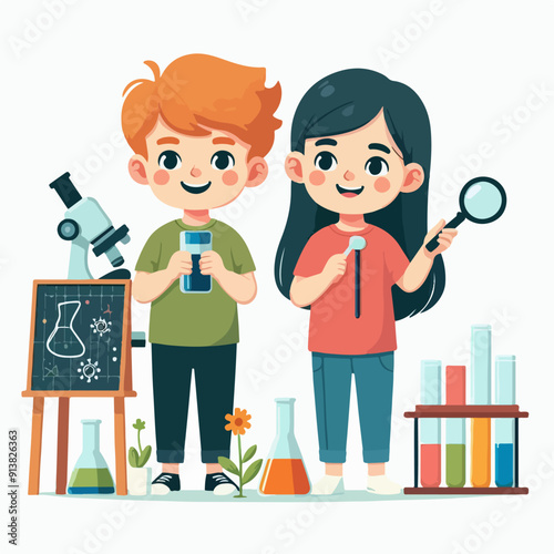 Science kids. Children in chemistry laboratory little boys and girls vector cute people. Laboratory science, laboratory education experiment illustration