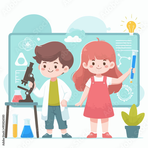 Science kids. Children in chemistry laboratory little boys and girls vector cute people. Laboratory science, laboratory education experiment illustration