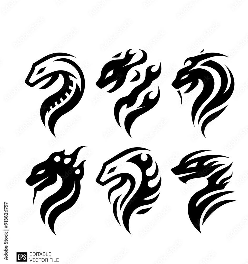 Set of snake head tribal tattoo graphic design vector templates Set of snake head tribal tattoo graphic design vector templates