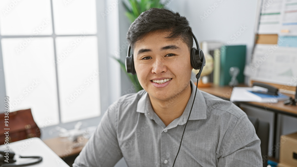 A friendly young asian man wearing a headset in a modern office environment, smiling at the camera. A friendly young asian man wearing a headset in a modern office environment, smiling at the camera.