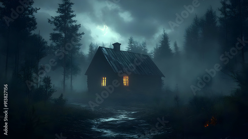 A lone cabin with warm lights glows in a misty forest.