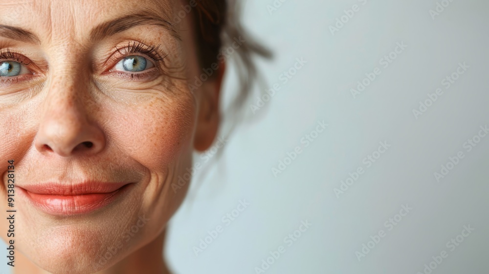 A tight shot of a woman's blue-eyed face, adorned with freckles and wearing a radiant smile A tight shot of a woman's blue-eyed face, adorned with freckles and wearing a radiant smile