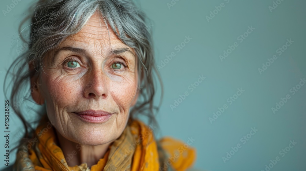 A serious-looking older woman with gray hair and a yellow scarf around her neck gazes into the camera A serious-looking older woman with gray hair and a yellow scarf around her neck gazes into the camera