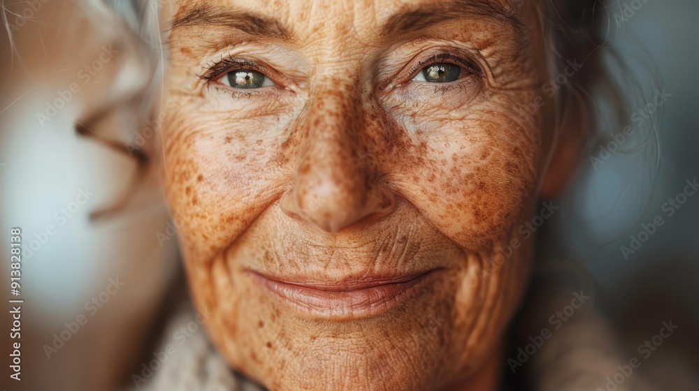 An older woman with freckled hair and freckled eyes smiles at the camera An older woman with freckled hair and freckled eyes smiles at the camera