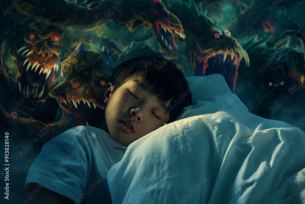 Surreal nightmare scene monsters lurking night. Frightened boy sleeping ghostly monsters his dream. Monsters boy dream symbolize unseen fears haunting him. Surreal nightmare scene monsters lurking night. Frightened boy sleeping ghostly monsters his dream. Monsters boy dream symbolize unseen fears haunting him.