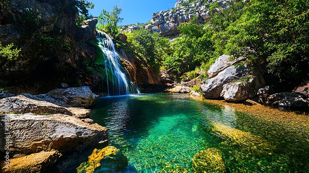 Crystal clear water cascades over mossy rocks, creating a scenic waterfall in lush green forest