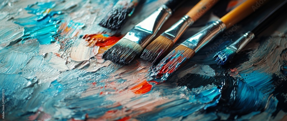 Artistic painting tools, paintbrushes and palette on an artist's table. Artistic painting tools, paintbrushes and palette on an artist's table.