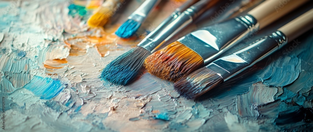 Fototapeta premium Artistic painting tools, paintbrushes and palette on an artist's table.
