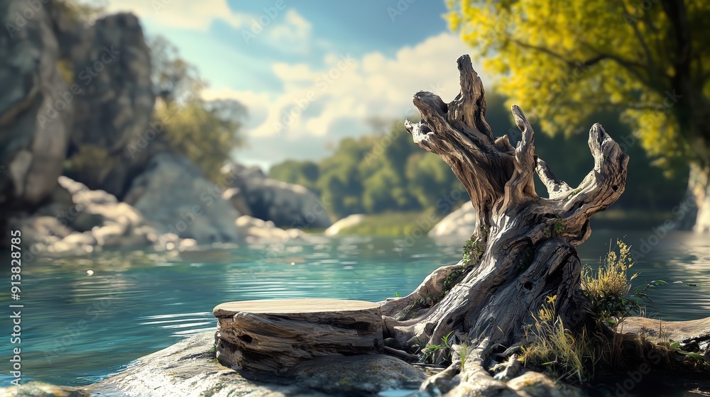 A photo of an empty 3D podium made of driftwood, set beside a tranquil river A photo of an empty 3D podium made of driftwood, set beside a tranquil river