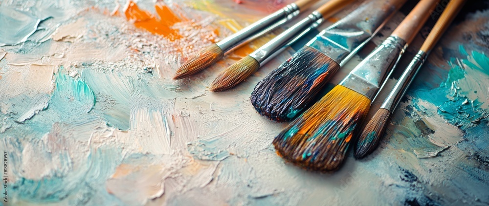Obraz premium Artistic painting tools, paintbrushes and palette on an artist's table.