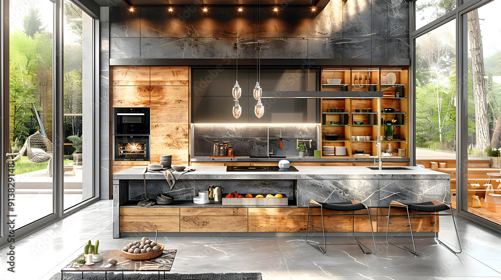 Modern Kitchen Island with Wood and Stone Interior Design - 3D Rendering Modern Kitchen Island with Wood and Stone Interior Design - 3D Rendering