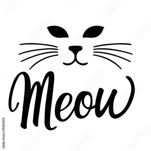 Illustration of a cat face with whiskers and the word meow written in a cursive font below it