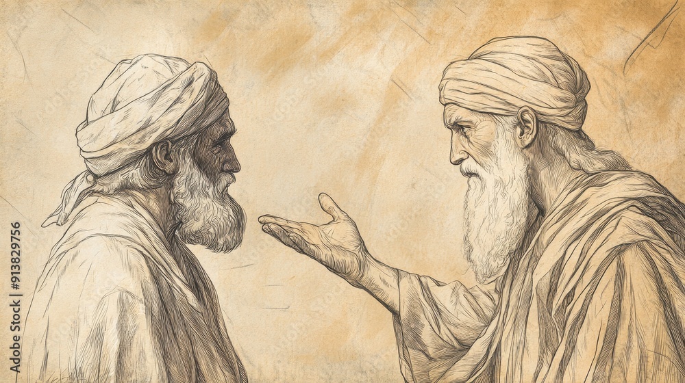 Fototapeta premium Biblical Illustration of Allotment for Caleb: Joshua blessing Caleb, acknowledging his faith and courage, Beige Background