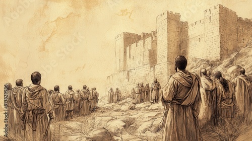 Biblical Illustration of The Covenant Renewed at Shechem: Joshua reminding the people of God's faithfulness and the covenant He made with their ancestors, Beige Background photo