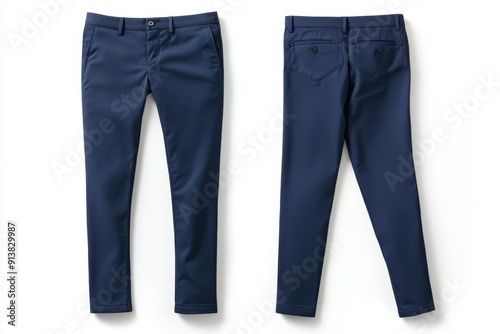 Navy blue dress pants front and back view on white background