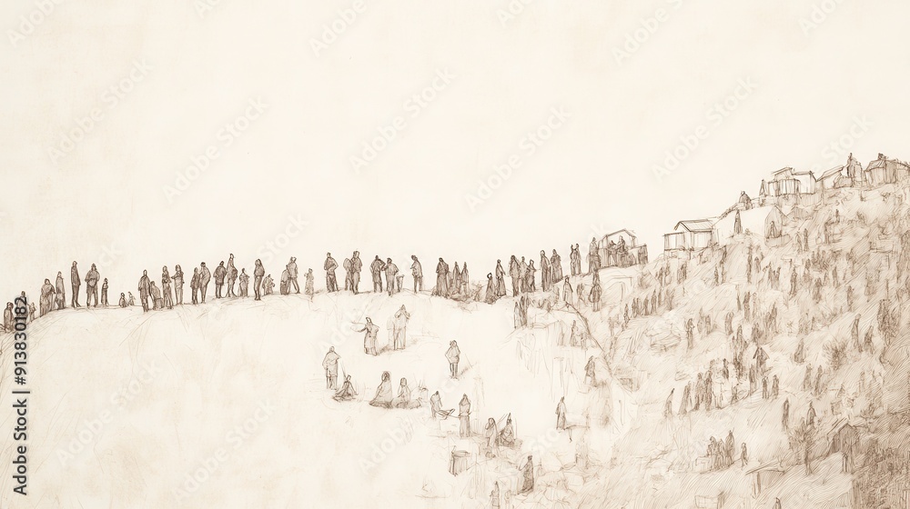 Obraz premium Biblical Illustration of The Allotment for Ephraim: The people of Ephraim building homes and establishing towns in their new territory, Beige Background