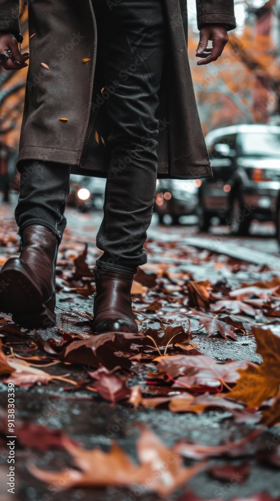 Naklejka premium A man in a brown coat and dark jeans walks through a city street covered in fallen leaves. His boots are in focus, and the leaves beneath his feet are blurred, creating a sense of motion. In the backg