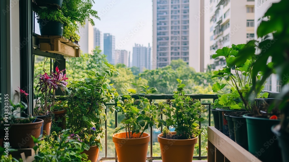 A vibrant urban balcony garden with numerous potted plants, creating a lush green space amidst city skyscrapers. A vibrant urban balcony garden with numerous potted plants, creating a lush green space amidst city skyscrapers.