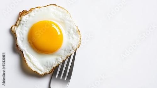 Close-up of a perfectly cooked sunny side up egg on a fork, isolated on a white background.