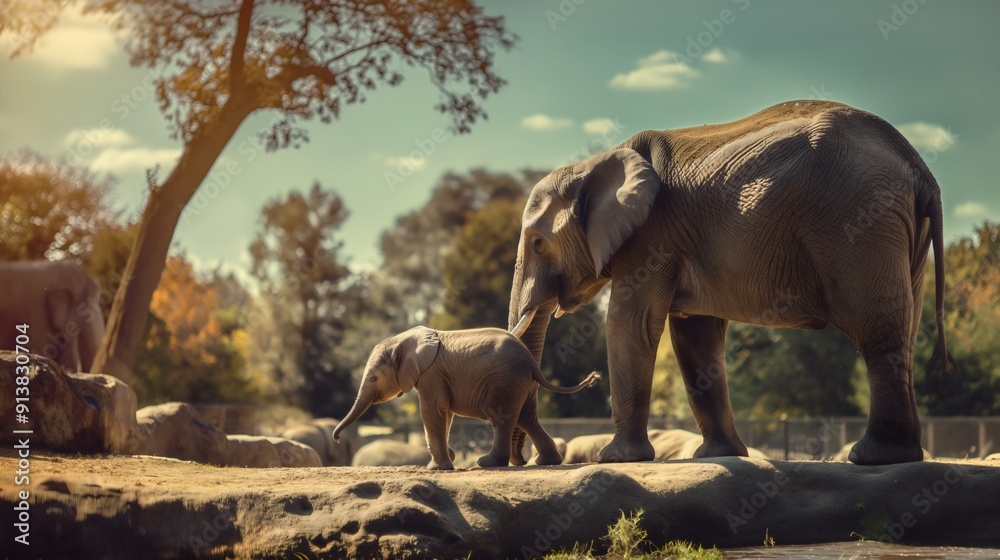 Fototapeta premium Two African elephants, a mother and her calf, are walking through the tropical savannah on a sunny safari in search of water. Wildlife animals, giant herbivores, mammals with trunks, the wilderness