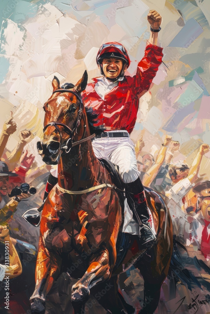 Jubilant Jockey Celebrating Victory on Winning Horse Amid Cheering Crowd Jubilant Jockey Celebrating Victory on Winning Horse Amid Cheering Crowd