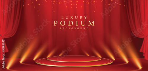 Luxury background design concepts with futuristic red stage with spotlight beams projecting upwards and red certain.