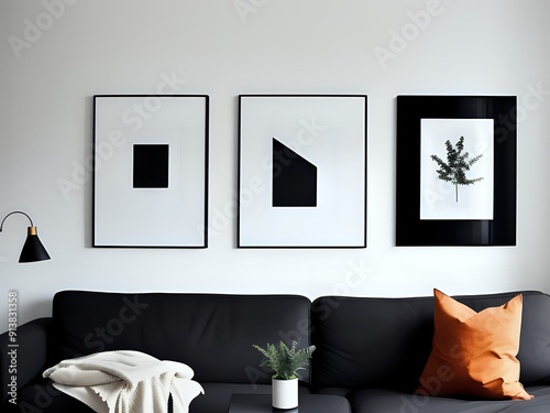 Bilderrahmen über einem schwarzen Sofa