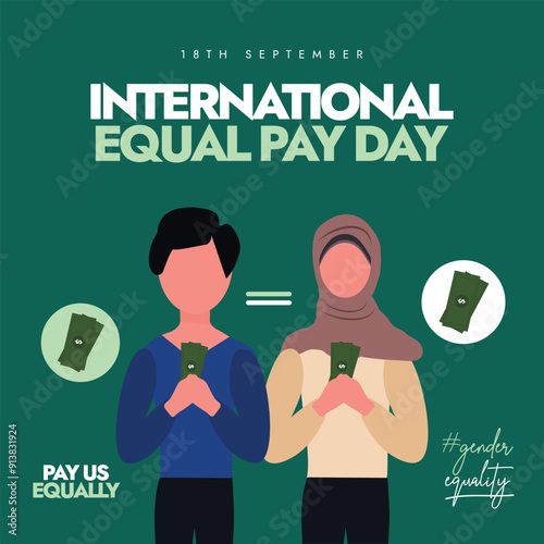 International Equal Pay Day. 18th September Equal Pay Day celebration day banner with a girl and a boy holding equal money. The day highlight the injustice of gender wage gaps and ensuring to end it.