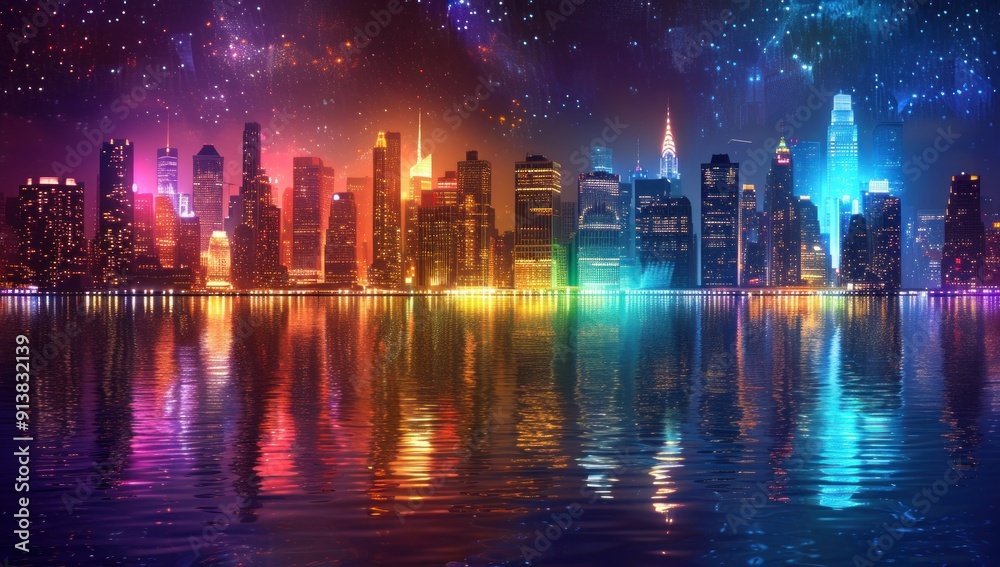 Nighttime Cityscape with Colorful Reflections Nighttime Cityscape with Colorful Reflections