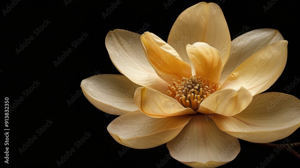 Close-up of a yellow flower against black backdrop; white center, yellow stamen Close-up of a yellow flower against black backdrop; white center, yellow stamen