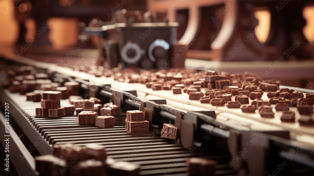 Closeup set Chocolate sweets candy on conveyor automatic line factory. Neural network ai generated art