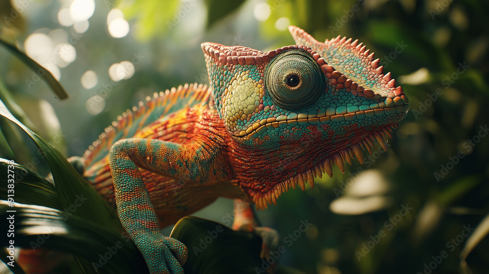 A chameleon or gecko in a rainforest setting, highlighting their unique colors and textures A chameleon or gecko in a rainforest setting, highlighting their unique colors and textures